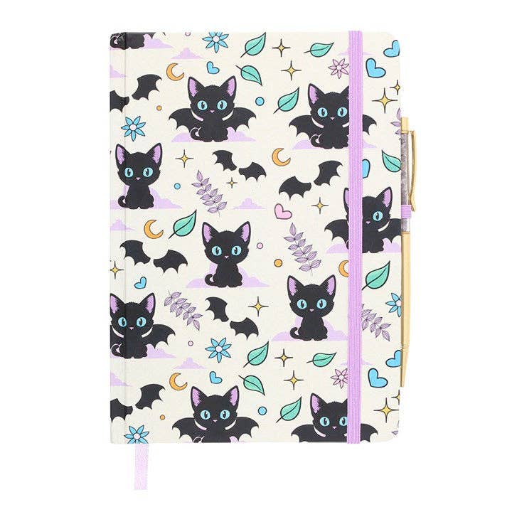 Cute and Creepy Black Cat Print A5 Notebook with Amethyst Pen