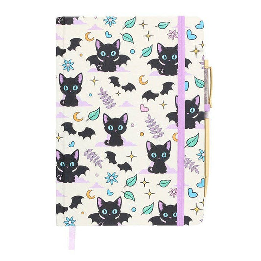 Cute and Creepy Black Cat Print A5 Notebook with Amethyst Pen