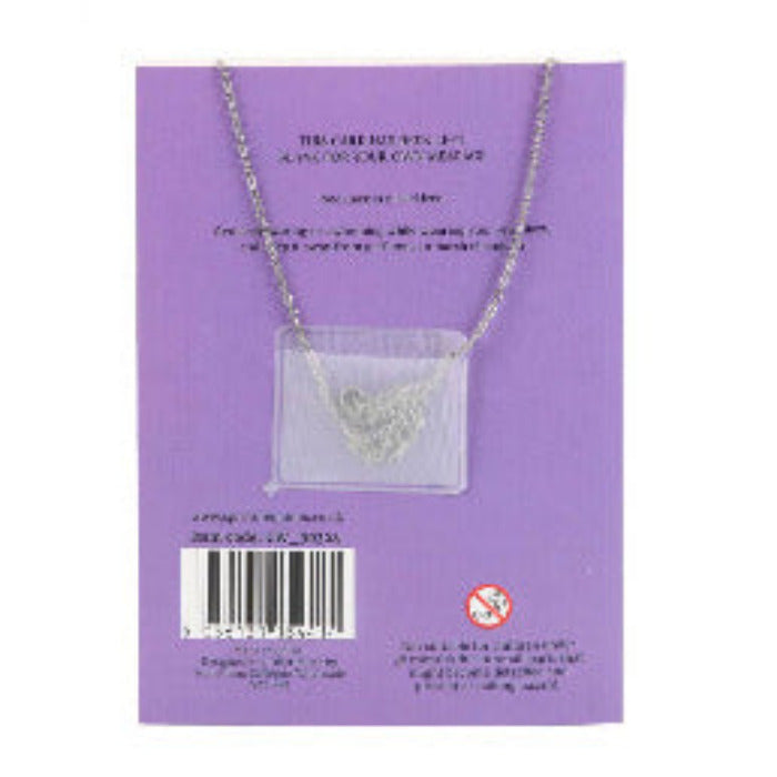 Silver necklace on a purple card with text and branding details.