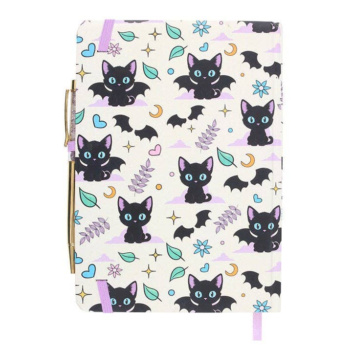 Cute and Creepy Black Cat Print A5 Notebook with Amethyst Pen
