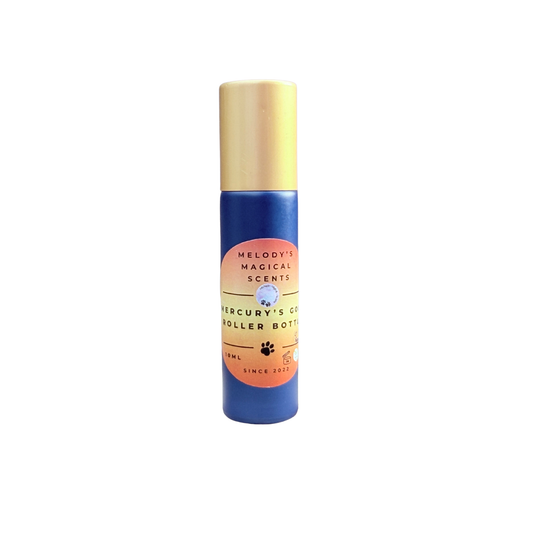 A clear background with a roller bottle that says "Mercury's Gold"