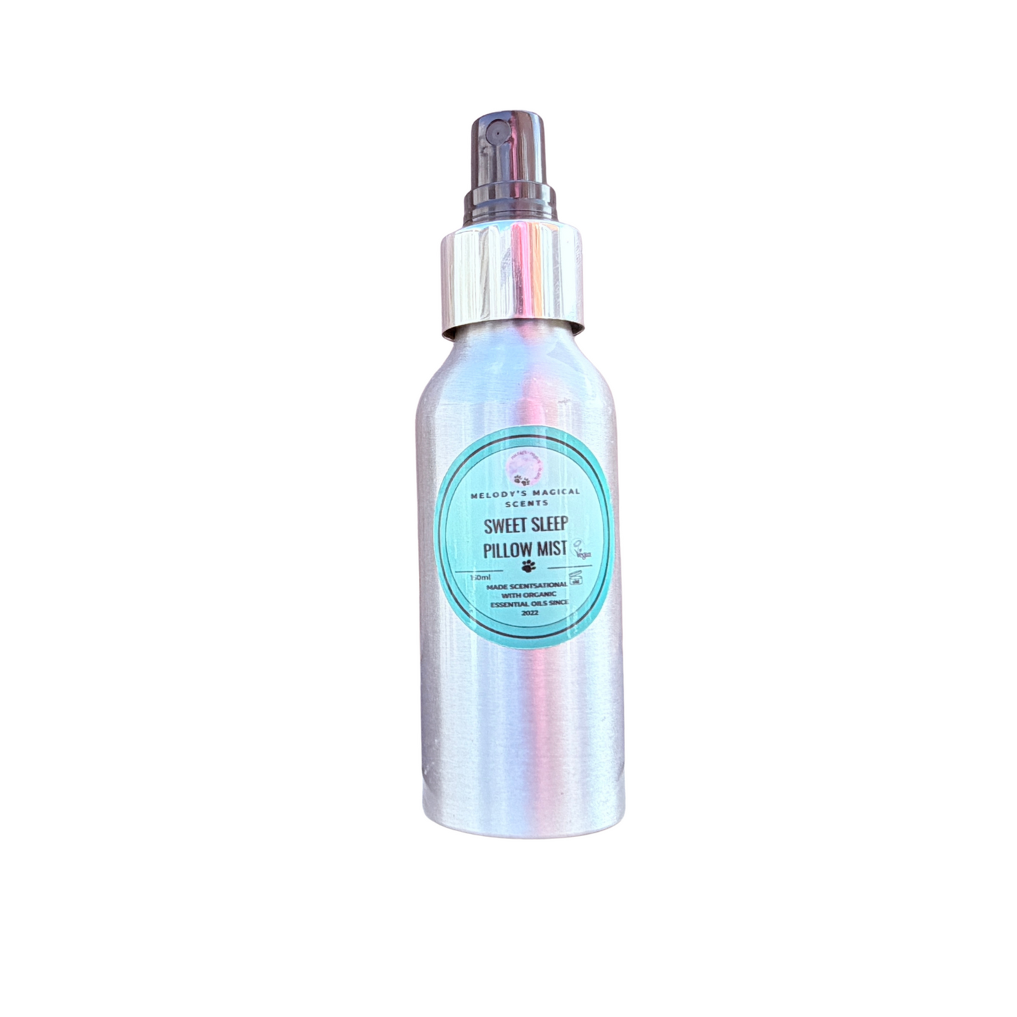 Iridescent spray bottle with a label on a white background