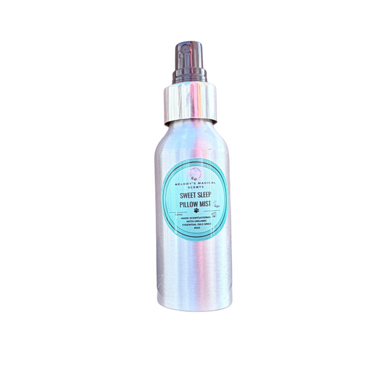 Iridescent spray bottle with a label on a white background