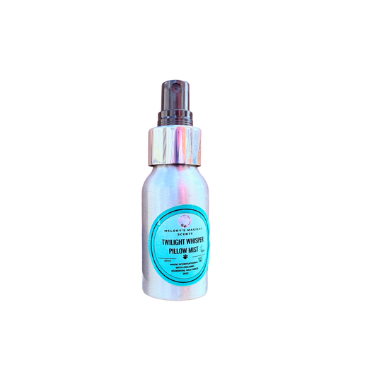 Iridescent spray bottle with a blue label on a white background